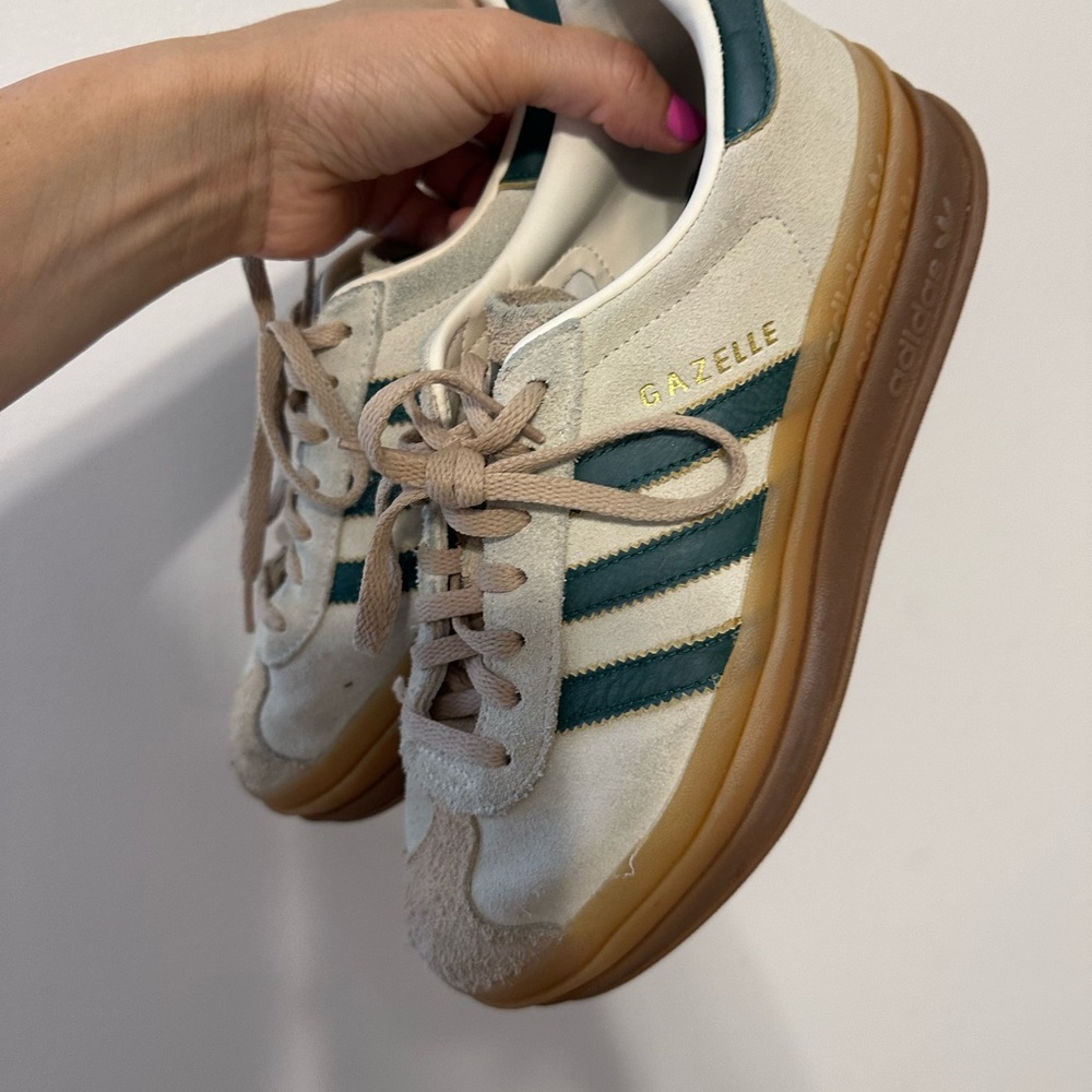 adidas Gazelle Women's Cream Suede Sneakers with Green Stripes and Gum Sole